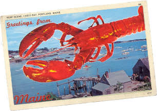 Retro postcard with image of large lobster over Maine coastal scene
