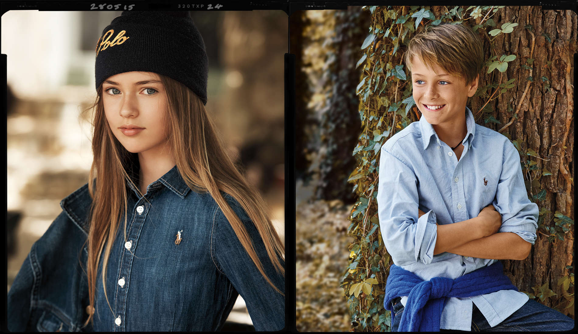 Girl wears knit black Polo hat; boy in light blue oxford shirt