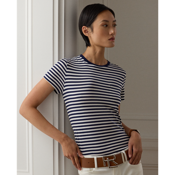 Shop Ralph Lauren Striped Crewneck Pocket Tee In Dark Navy & Off White