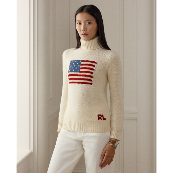 Polo Ralph Lauren Flag Cashmere Turtleneck Sweater In Cream W/ Flag