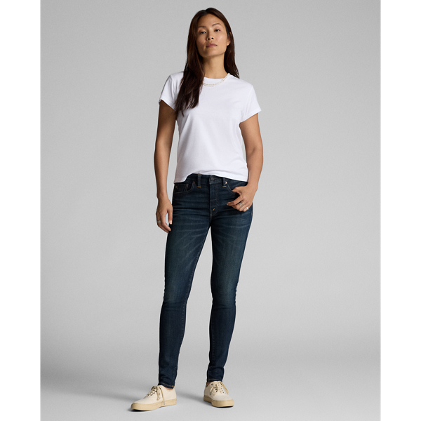 Skinny-fitting jeans made from 11.25 oz Japanese denim. Stretch-infused cotton for fit and fast recovery. Dark indigo wash with hand-sanding and distressing.