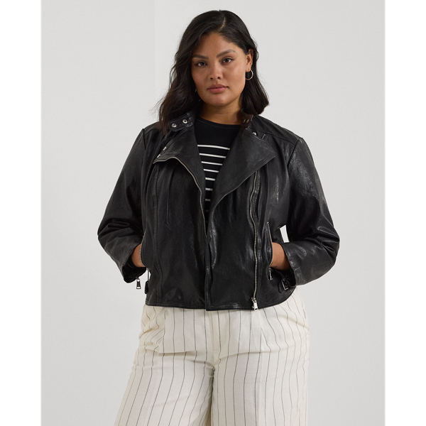 Lauren Woman Tumbled Leather Moto Jacket In Polo Black