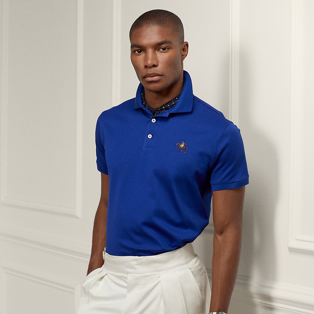 Shop Ralph Lauren Purple Label Custom Slim Fit Piqué Polo Shirt In Blue