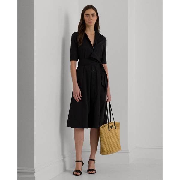 Shop Lauren Petite Belted Cotton-blend Shirtdress In Polo Black