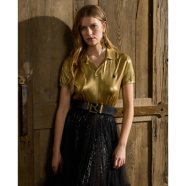 Collection Foiled Silk Jersey Polo Jumper In Gold