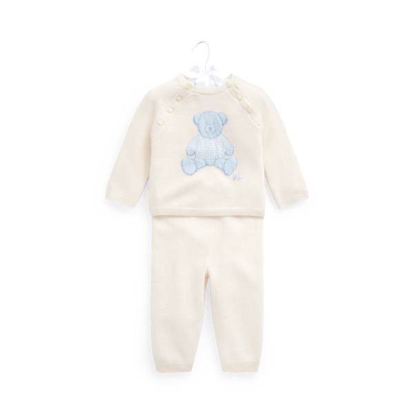 Polo Ralph Lauren Cashmere Sweater & Pant Set In Cream/light Blue