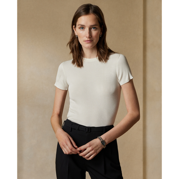 Shop Collection Rib-knit Silk Tee In Cream