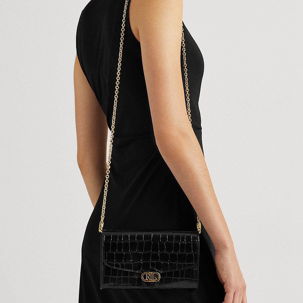 Shop Lauren Ralph Lauren Embossed Leather Medium Adair Crossbody In Black
