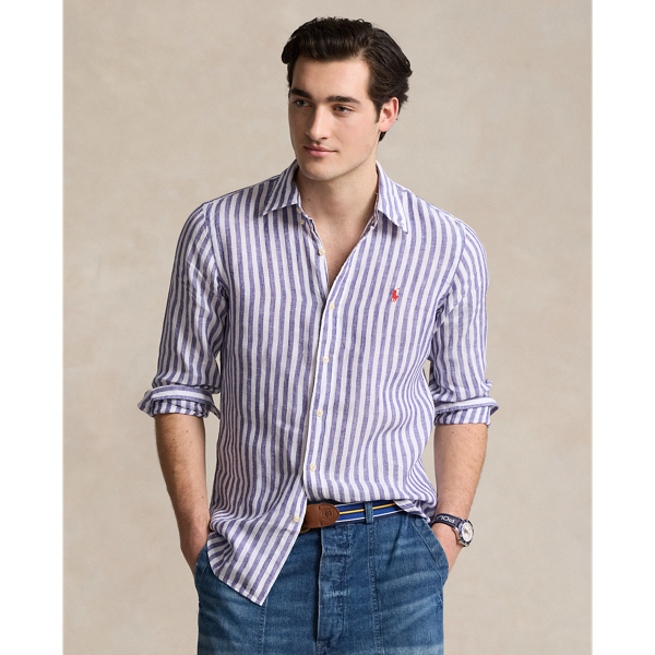 Ralph Lauren Custom Fit Striped Linen Shirt In Blue/white