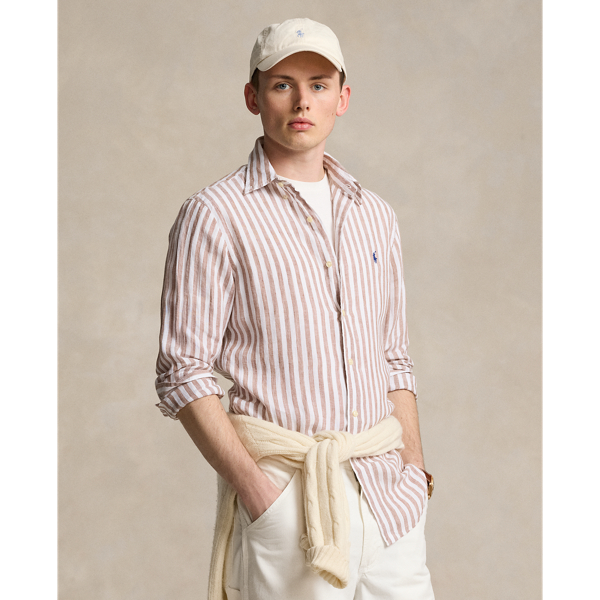 Shop Ralph Lauren Custom Fit Striped Linen Shirt In Khaki/white
