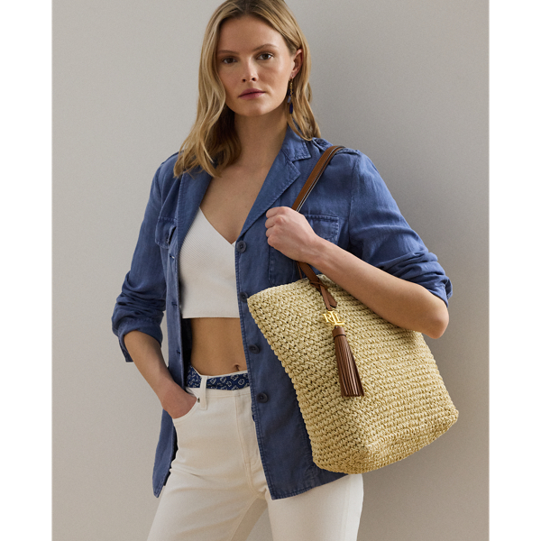 Ralph Lauren Crochet-straw Medium Whitney Tote In Natural/lauren Tan