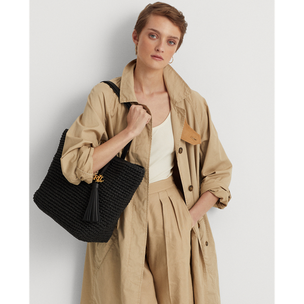 Ralph Lauren Straw Medium Whitney Tote In Black/black