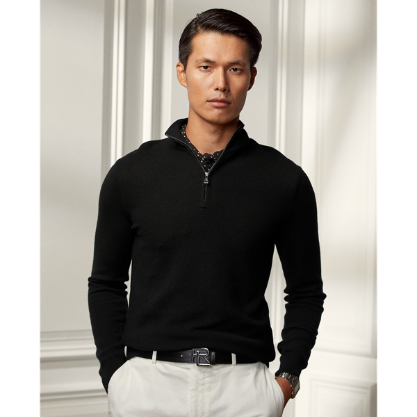 Ralph Lauren Purple Label Wool Piqué Quarter-zip Sweater In Black