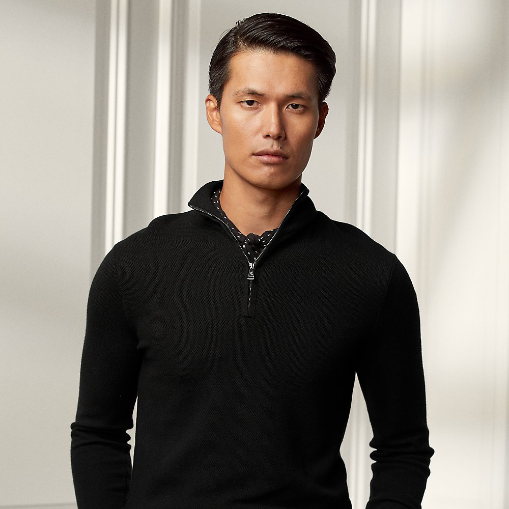 Ralph Lauren Purple Label Wool Piqué Quarter-zip Sweater In Black