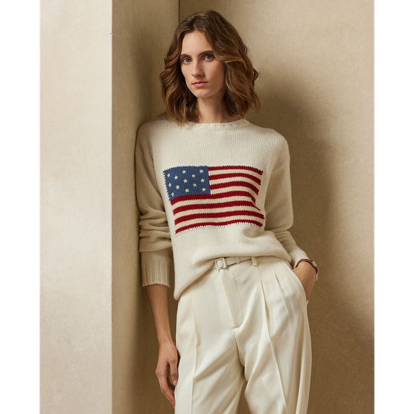 Ralph Lauren Flag Cashmere Crewneck Sweater In Lux Cream W/ Flag