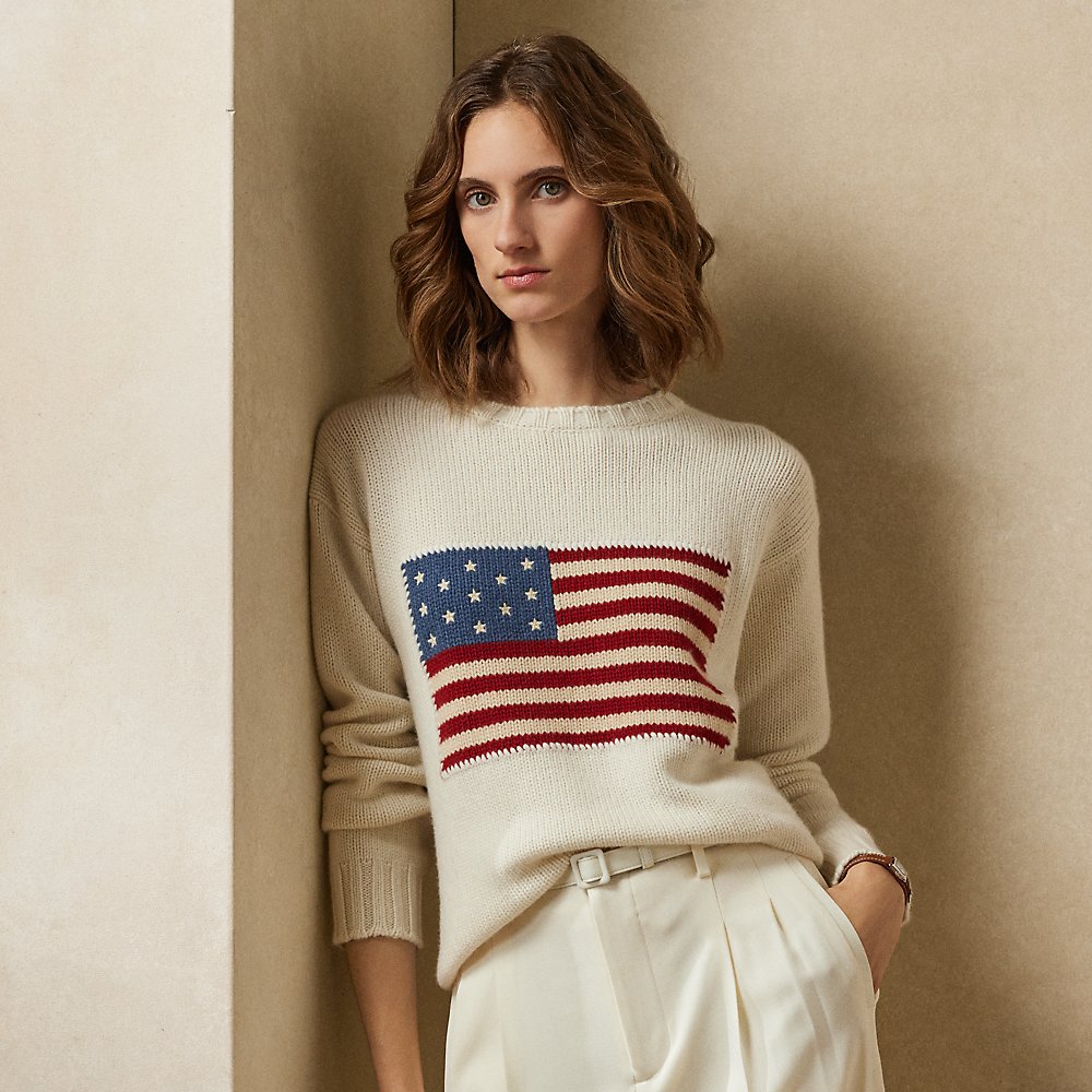 Ralph Lauren Flag Cashmere Crewneck Sweater In Lux Cream W/ Flag
