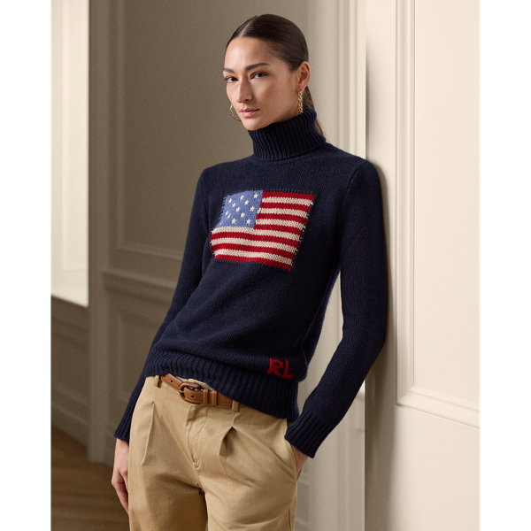 Polo Ralph Lauren Flag Cashmere Turtleneck Sweater In Midnight