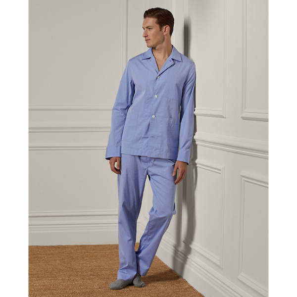 Shop Ralph Lauren Purple Label Cotton End-on-end Pajama Set In Blue
