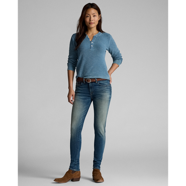 High-rise skinny jeans made from 318.9 g of denim. 3x1 right-hand twill is woven in Japan. Stretch-infused cotton for fit and fast recovery. Dyed with indigo. Faded wash. Signature "RRL" embroidery on the coin pocket. Sanforized to reduce shrinkage.