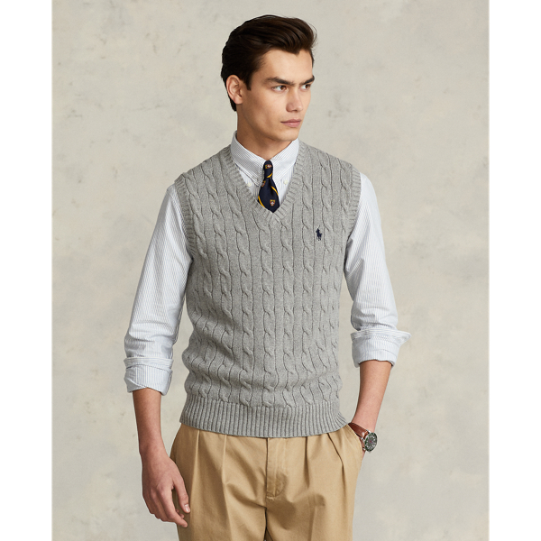 Cable-knit Cotton Sweater Vest In Fawn Grey Heather