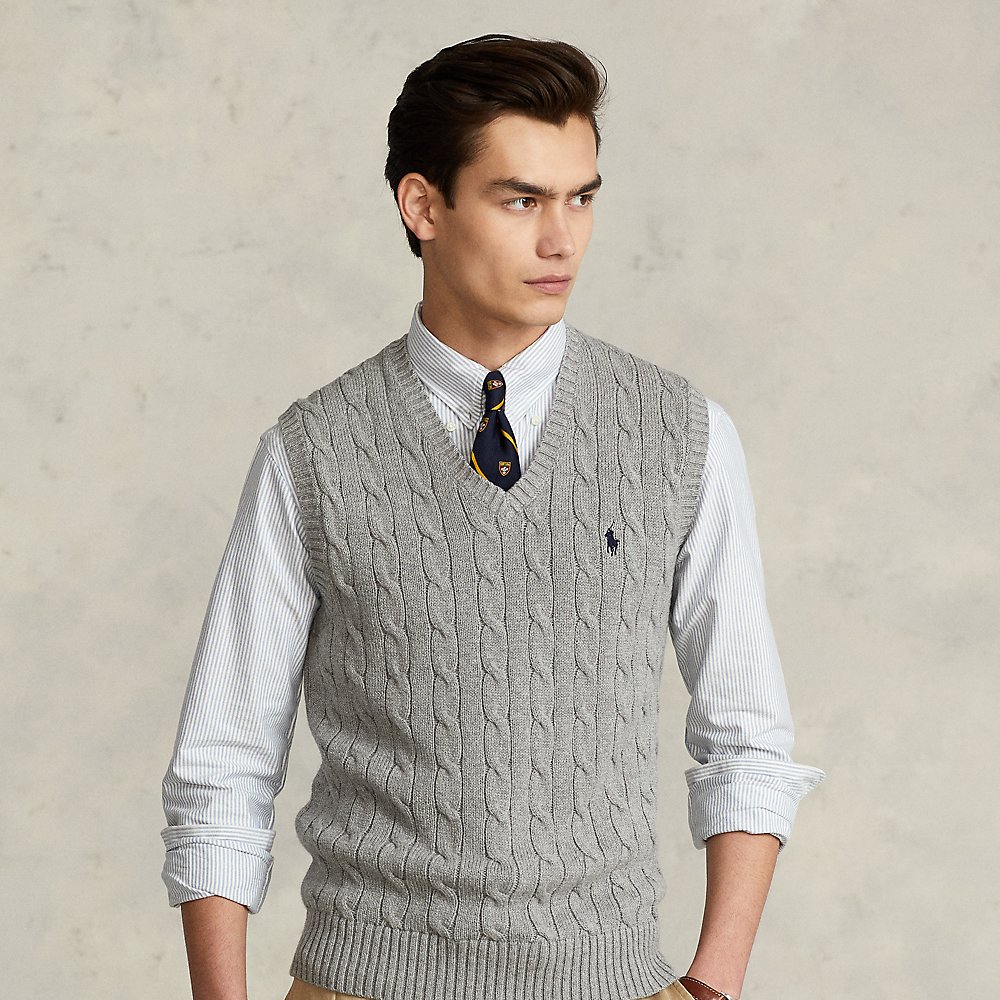 Ralph Lauren Cable-knit Cotton Sweater Vest In Fawn Grey Heather