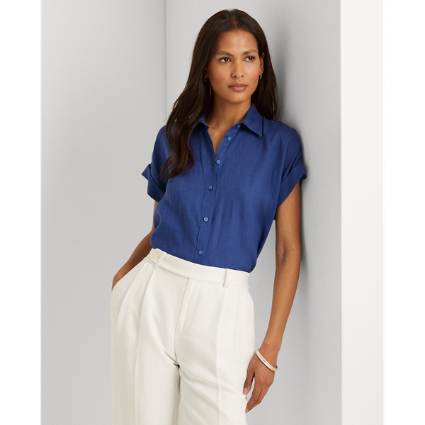 Lauren Petite Linen Short-sleeve Shirt In Soft Sapphire