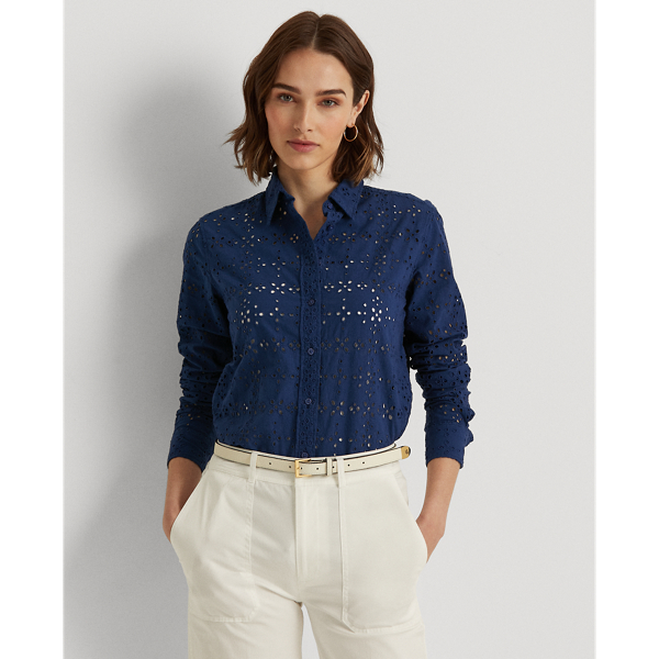 Lauren Petite Cotton Eyelet Shirt In Lapis Sea ModeSens