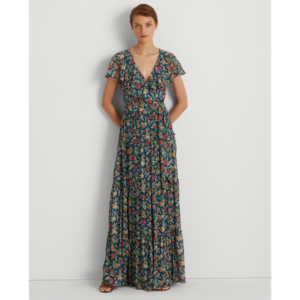 Lauren Ralph Lauren Floral Crinkle Georgette Gown In Blue/red/multi ...