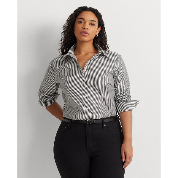 Lauren Woman Striped Easy Care Cotton Shirt In Black/white