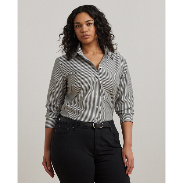 Lauren Woman Striped Easy Care Cotton Shirt In Black/white