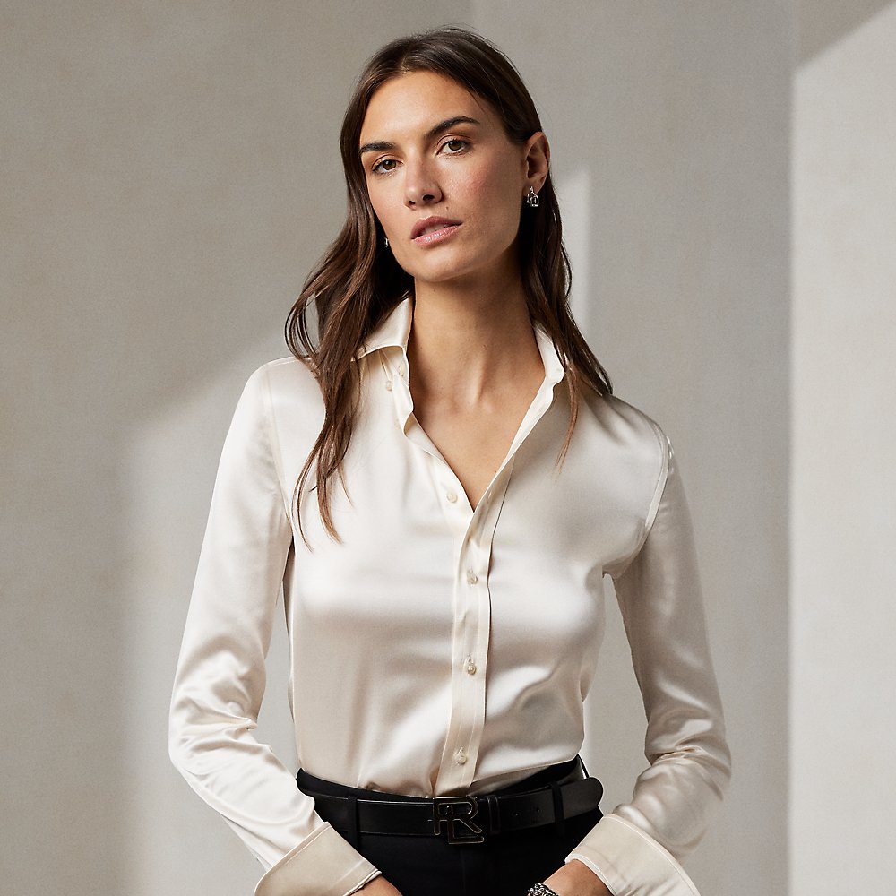 Shop Ralph Lauren Cameron Straight Fit Mulberry Silk Shirt In Off White
