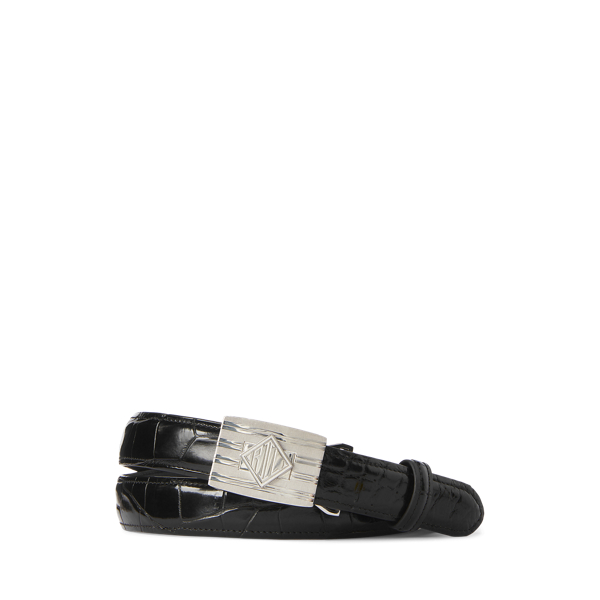 Ralph Lauren Engine-turned-buckle Alligator Belt In Black