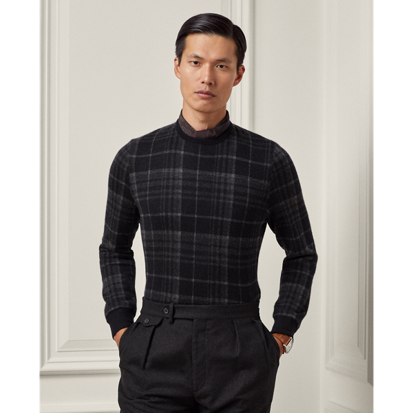 Ralph Lauren Plaid Cashmere Crewneck Sweater In Charcoal Multi