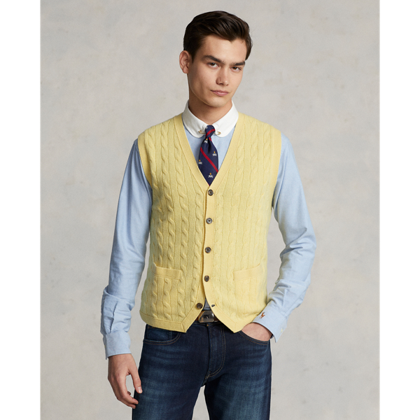 Cashmere Knit Vest Polo Cable-Knit Cotton V-Neck Sweater Vest