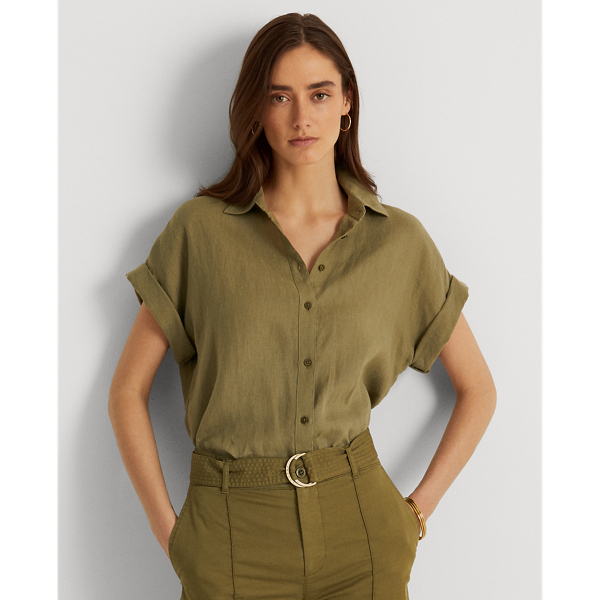 Lauren Ralph Lauren Linen Dolman-sleeve Shirt In Olive Fern
