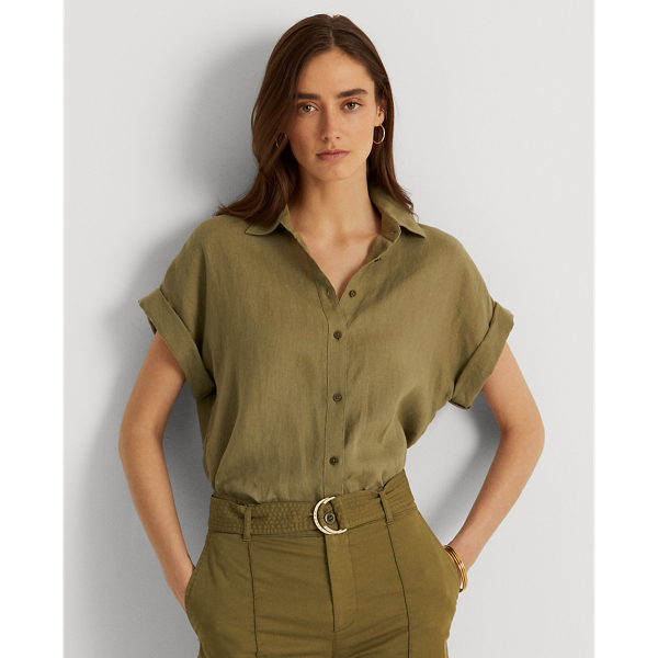 Ralph Lauren Linen Dolman-sleeve Shirt In Olive Fern