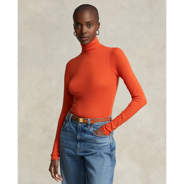 Ralph Lauren Stretch Ribbed Turtleneck In Orangey Red