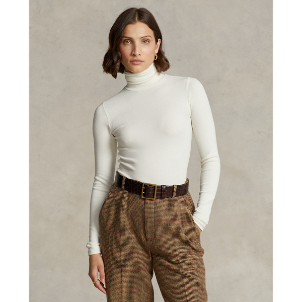 Ralph Lauren Stretch Ribbed Turtleneck In Clubhouse Cream