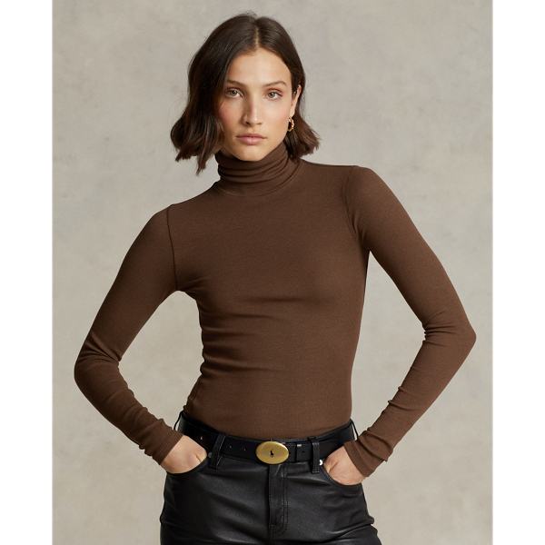 Ralph Lauren Stretch Ribbed Turtleneck In Snuff