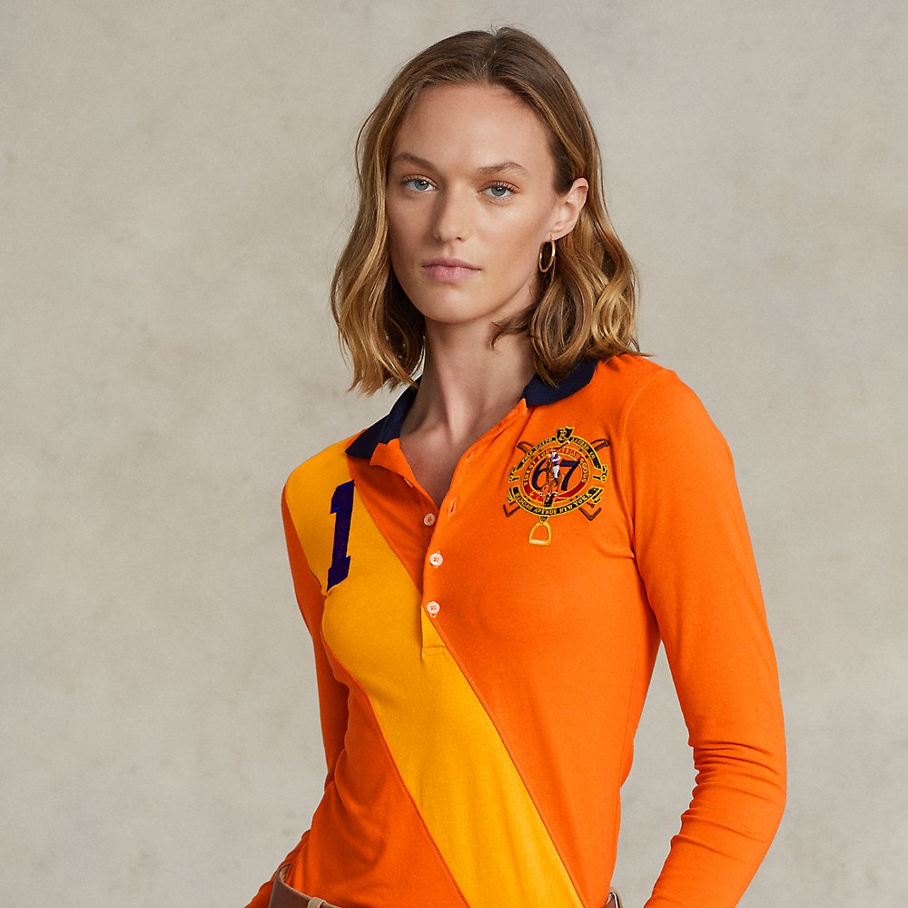 Ralph Lauren Banner-stripe Crest Jersey Polo Shirt In Lifeboat Orange Multi