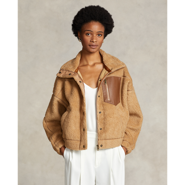 Ralph Lauren Leather trim High pile Fleece Jacket In Classic Camel ModeSens