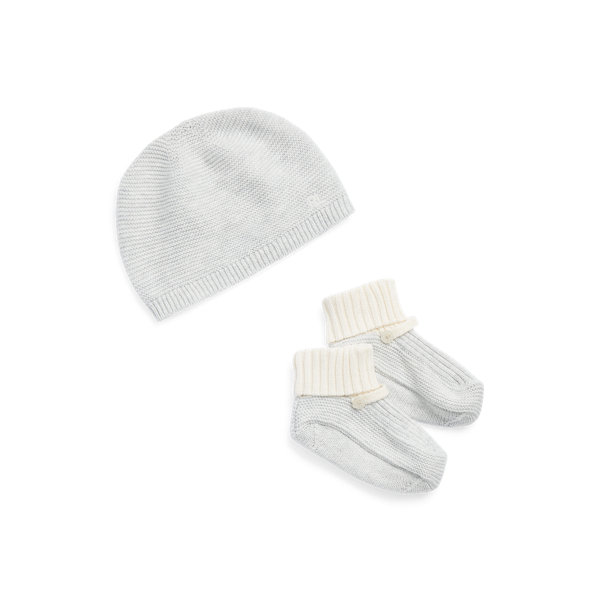 Polo Ralph Lauren Cotton Hat & Bootie Set In Quartz Heather/clubhouse