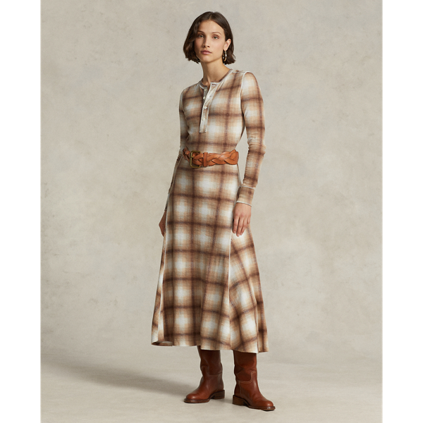 Polo Ralph Lauren Plaid Cotton Henley Dress In Brown/cream Plaid