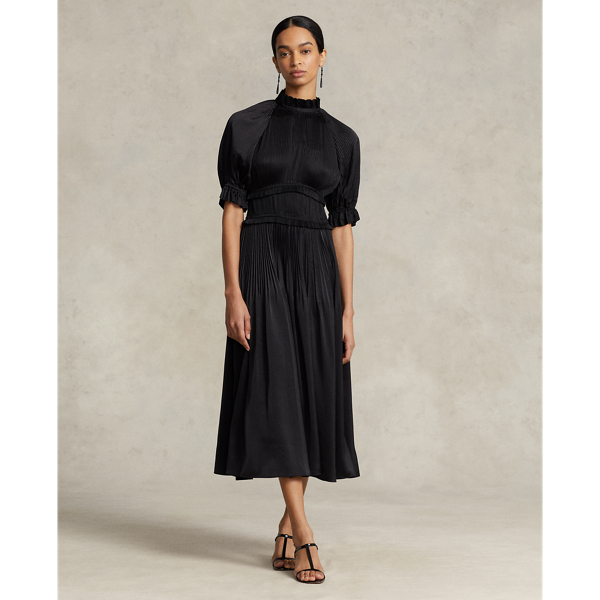 Ralph Lauren Pleated Satin High-neck Midi Dress In Polo Black | ModeSens