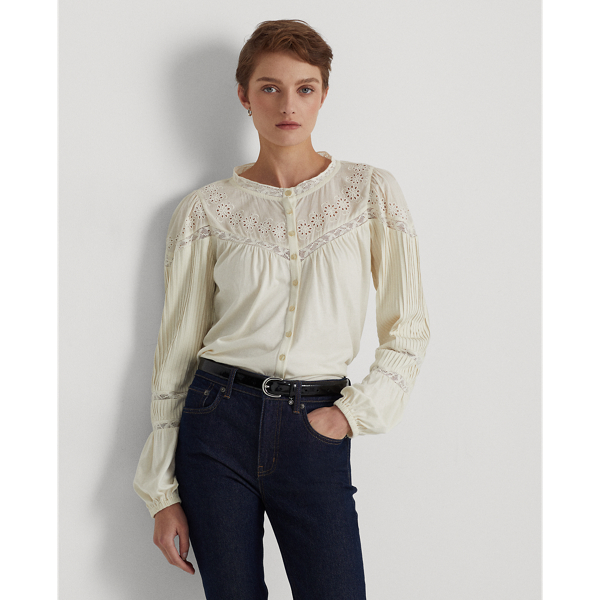 Lauren Ralph Lauren Eyelet-embroidered Cotton-blend Top In Mascarpone ...