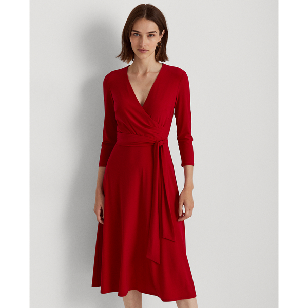 Lauren Petite Surplice Jersey Dress In Classic Red