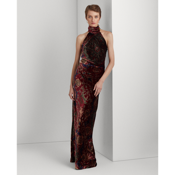 Lauren Ralph Lauren Print Velvet Sleeveless Halter Gown In Red Multi ModeSens