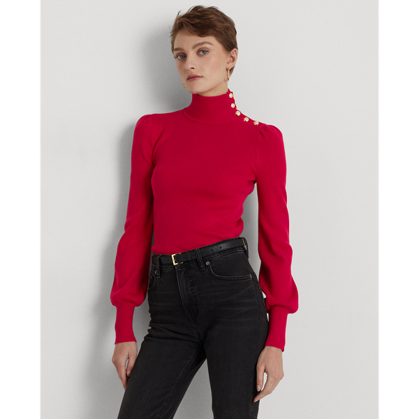 Lauren Petite Button-trim Mockneck Sweater In Classic Red