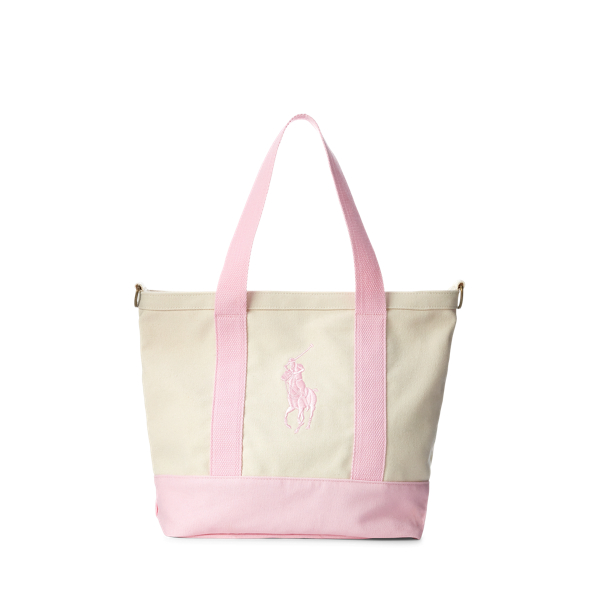 Polo Ralph Lauren Big Pony Cotton Canvas Tote In White/carmel Pink