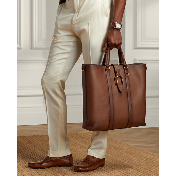 Shop Ralph Lauren Purple Label Welington Burnished Calfskin Tote In Dark Brown/chestnut